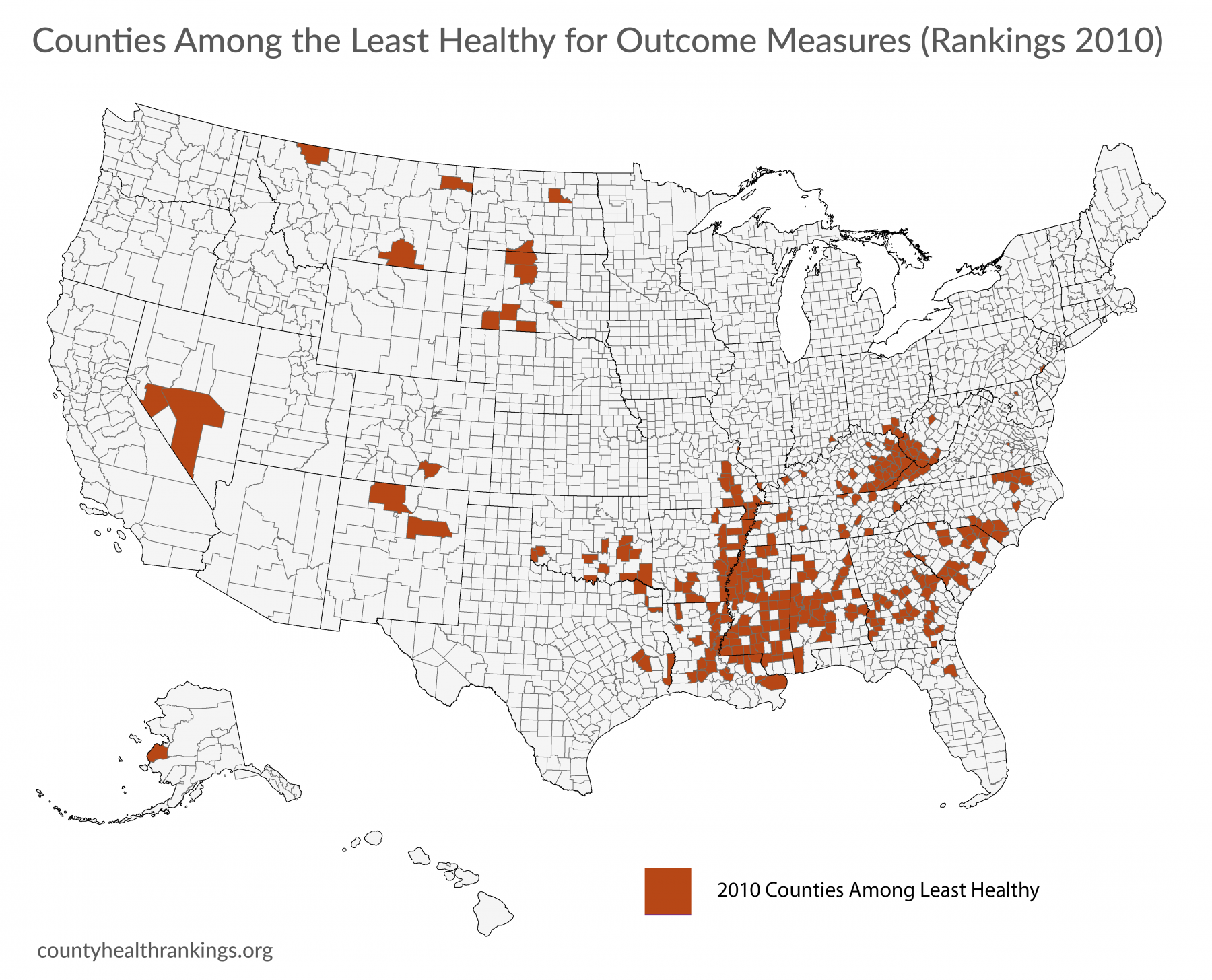 Map of 2010 least healthy outcomes