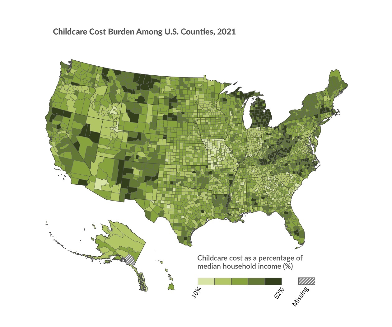 Map of the United States showing the childcare cost burden as a percentage of median household income among counties in 2021